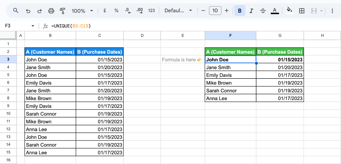 Using the UNIQUE function in Google Sheets to find distinct values across multiple columns. i-border
