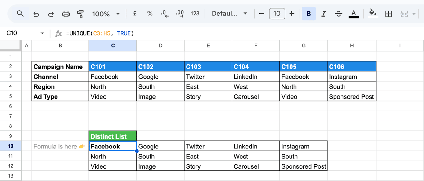 Extracting unique values from horizontal data using the UNIQUE function in Google Sheets. i-border