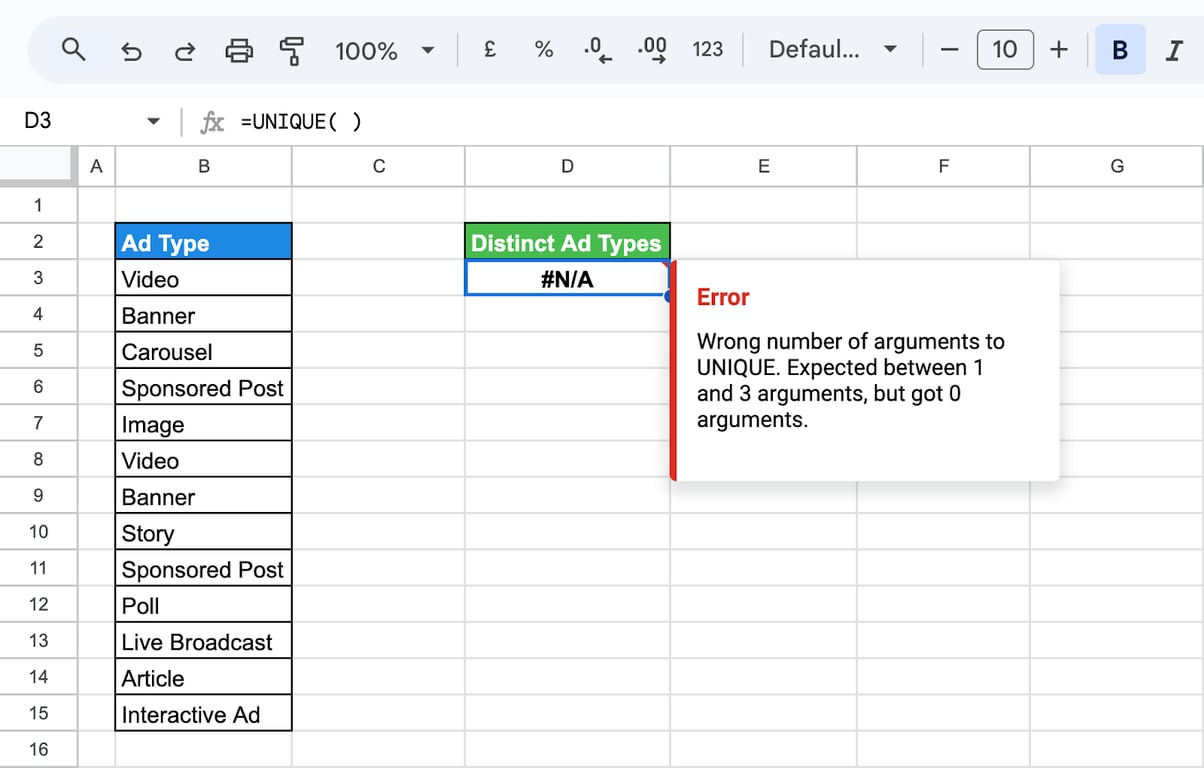 Steps to resolve the #N/A error in the UNIQUE function in Google Sheets. i-border