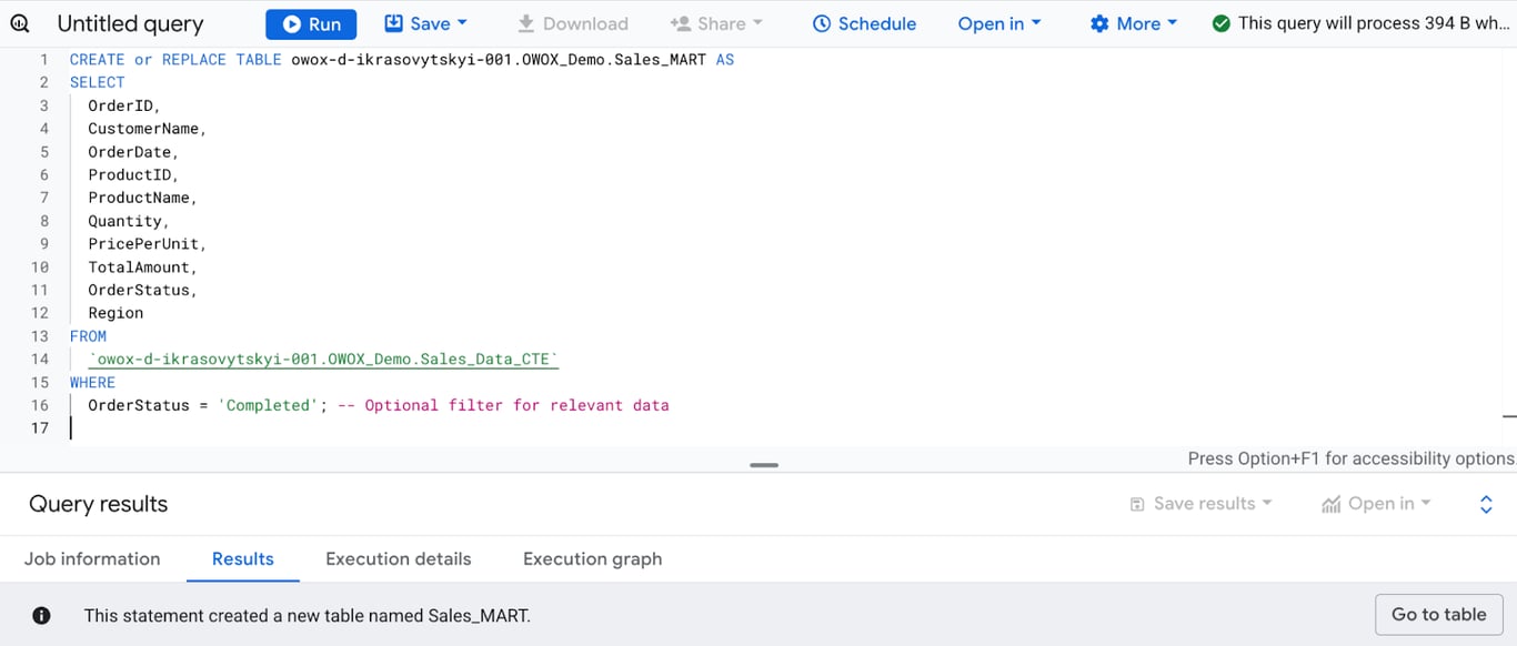 SQL query creating a Sales_MART table by selecting relevant sales data from an existing Sales table. i-shadow