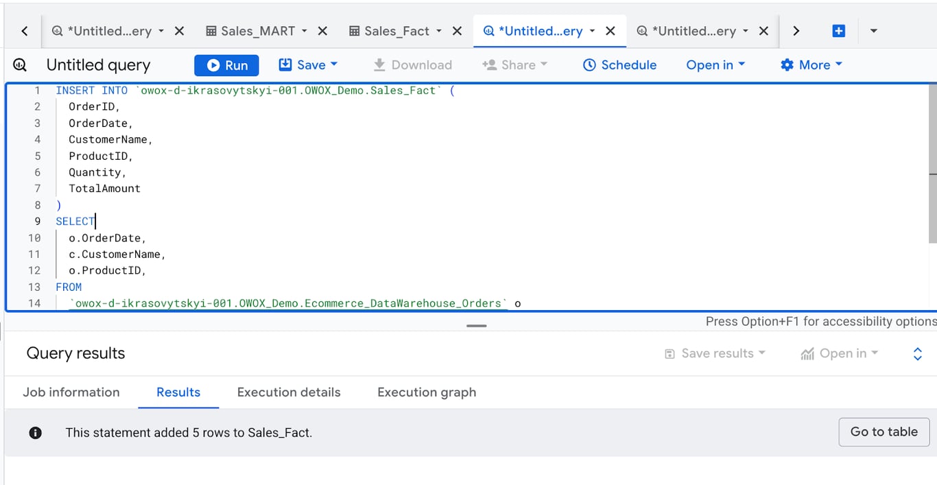 SQL query populating the Sales_Fact table by extracting sales data for reporting. i-shadow