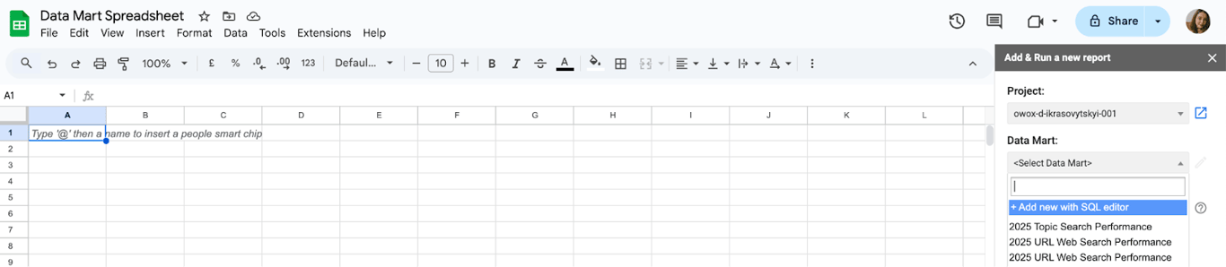 OWOX Sheets Extension panel in Google Sheets showing the Data Mart library with available analyst-defined data marts. i-shadow