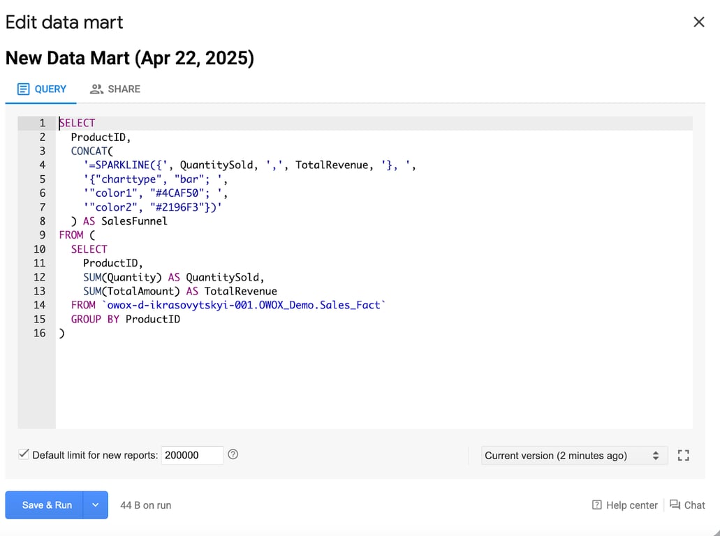 OWOX Data Marts SQL editor where an analyst defines the data mart query for extracting data from BigQuery. i-shadow