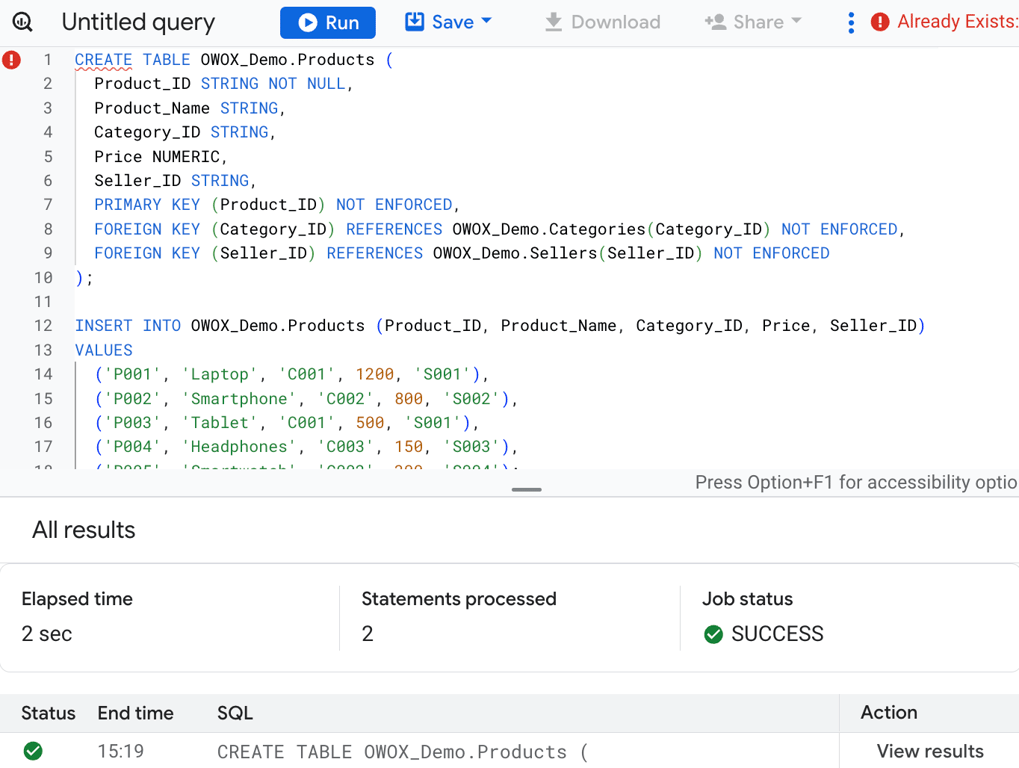 Defining primary and foreign keys to connect products with their categories and sellers, while creating the Products Table. i-shadow