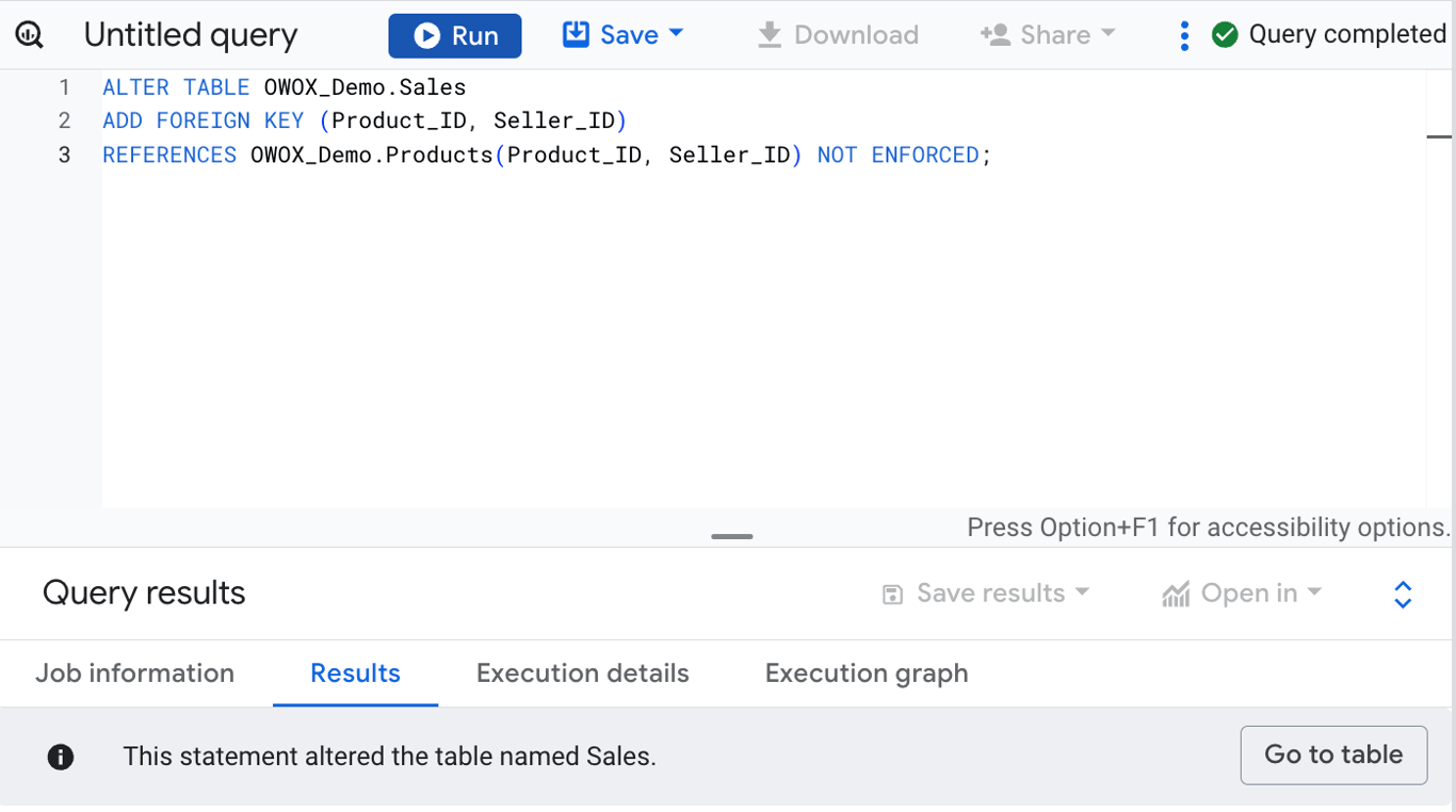 SQL command adding a composite foreign key on Product_ID and Seller_ID in the Sales table to reference the same columns in the Products table. i-shadow