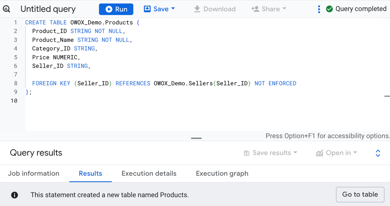 Creating a Table with Foreign key in BigQuery. i-shadow