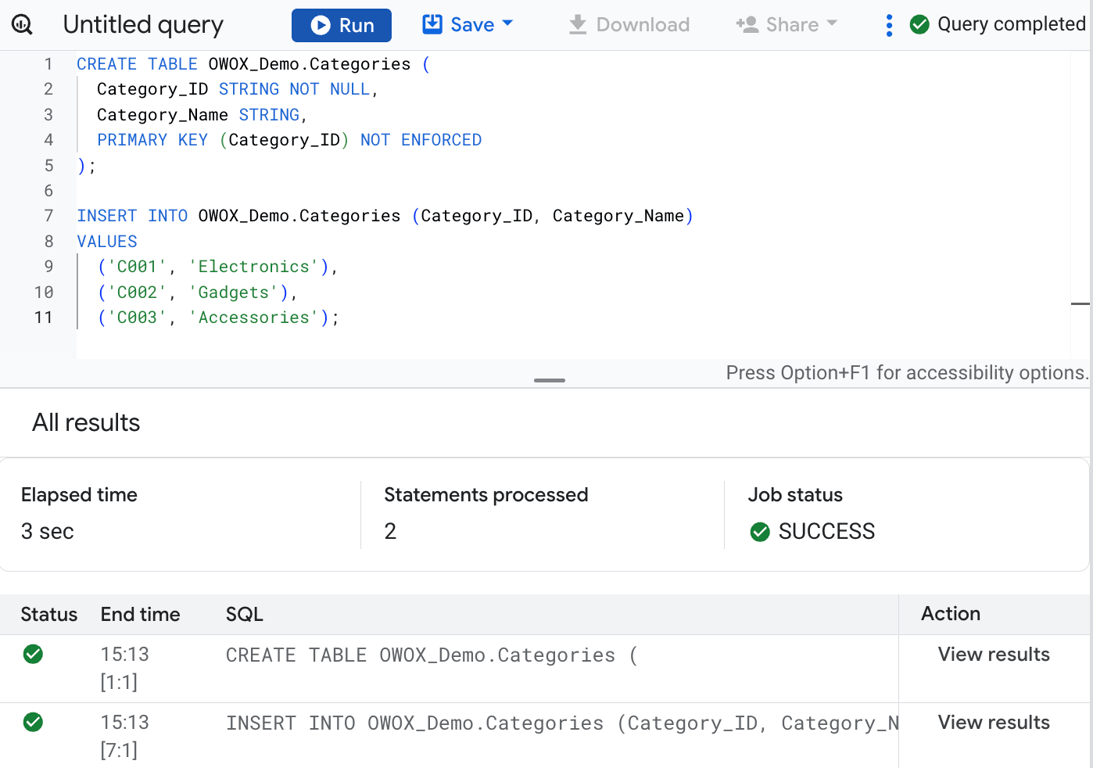 Creating Categories Table with primary key. i-shadow