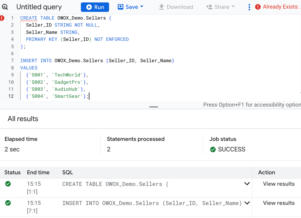 Creating Sellers Table with primary key and data.‍ i-shadow