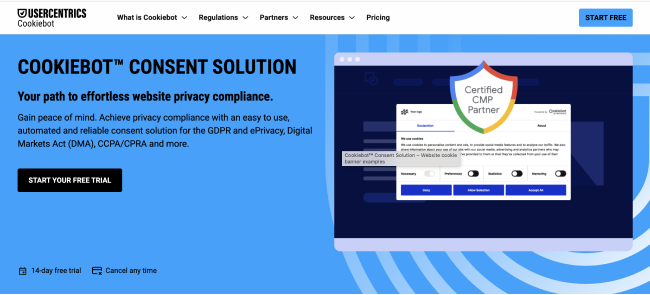 The cookiebot webpage shows consent solution features for website privacy compliance. i-shadow