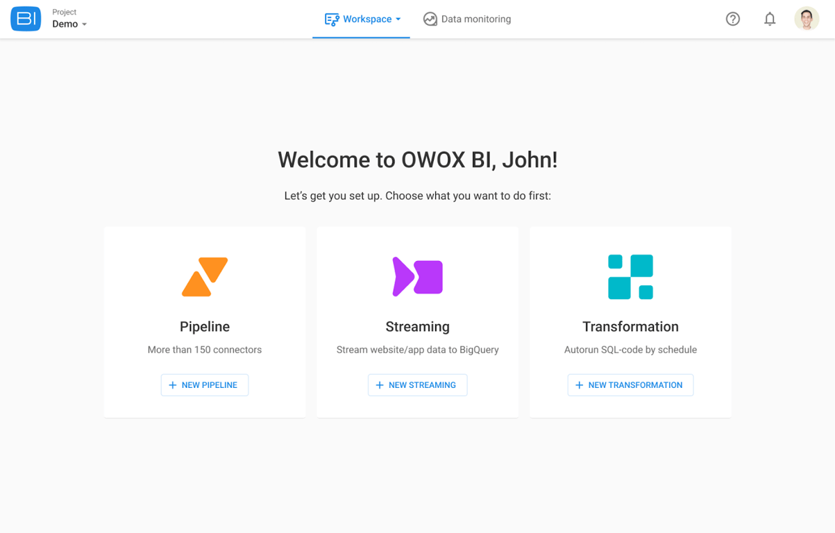 The OWOX BI workspace welcome screen shows options for creating a new pipeline, streaming data to BigQuery, or scheduling SQL transformations. i-shadow