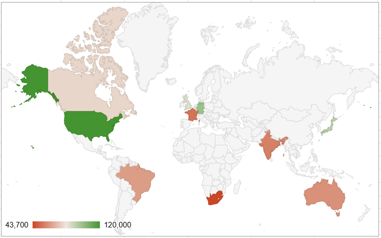 Geo chart showing sales across global markets, with the United States, Germany, and Japan shaded darkest to indicate highest revenue.
