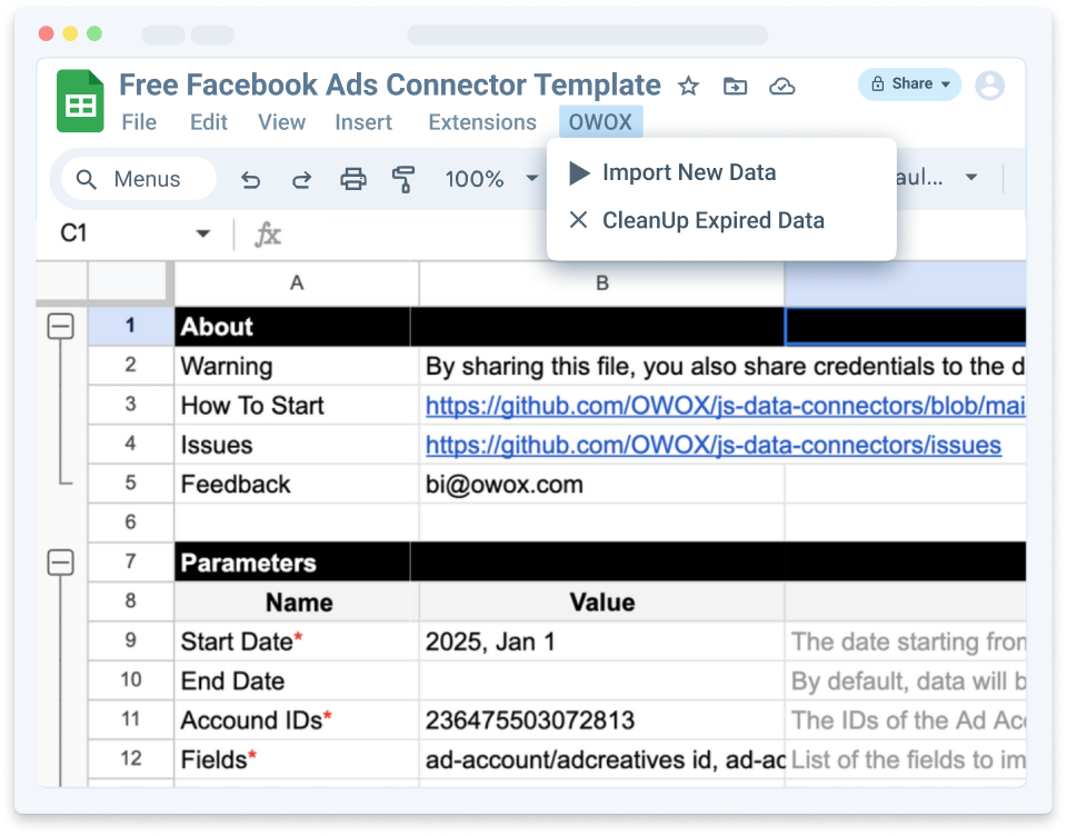 Facebook Ads Connector to Google Sheets