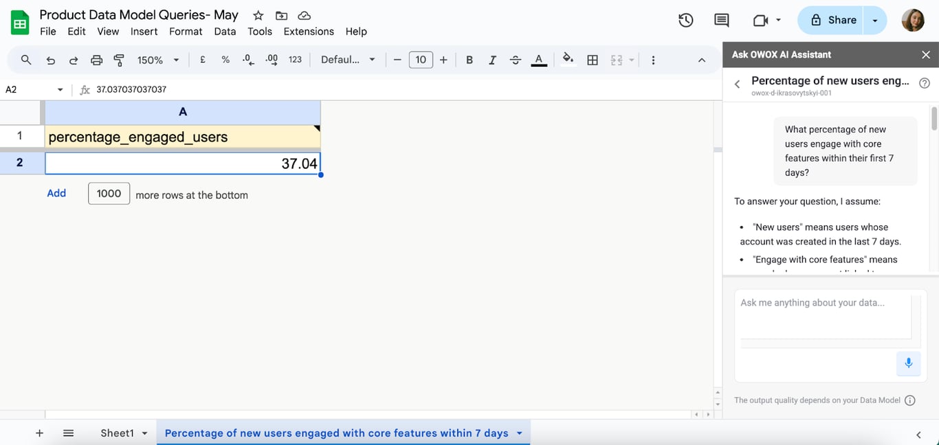 Google Sheets table showing the percentage of new users who engaged with core features in their first 7 days, using total user and engagement counts in OWOX Reports AI Assistant. i-border