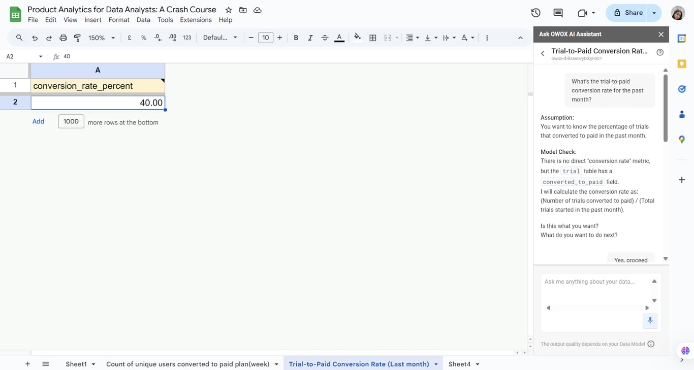 OWOX Sheets Extension displaying a trial-to-paid conversion Data Mart with results pulled into Google Sheets – no SQL needed