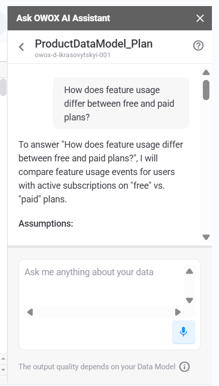 OWOX AI Assistant shows how it compares feature usage between free and paid plan users, with an explanation and chat input. i-shadow