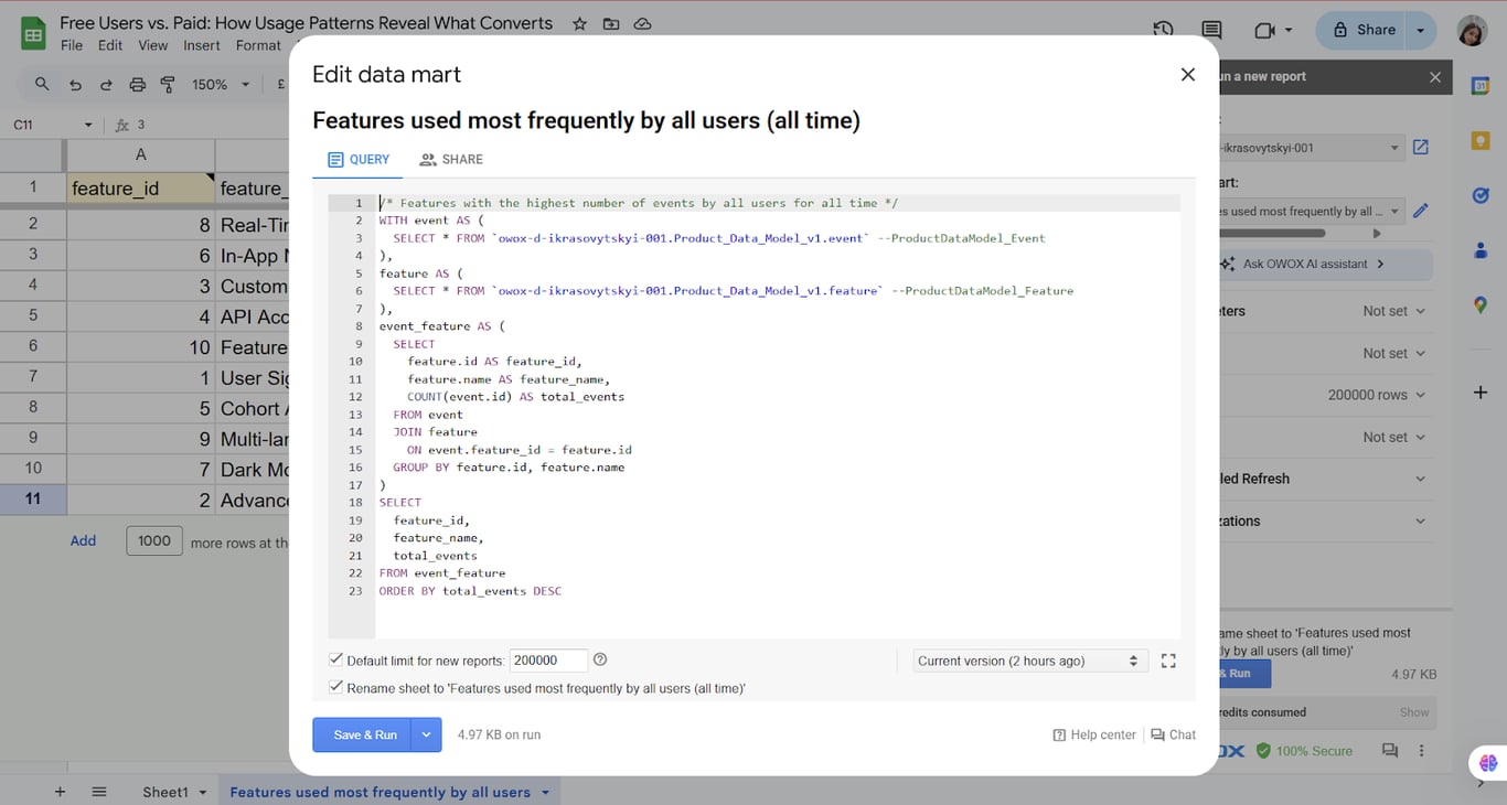 SQL query option in OWOX AI Assistant to query BigQuery data right on the spreadsheet for analysis. i-shadow