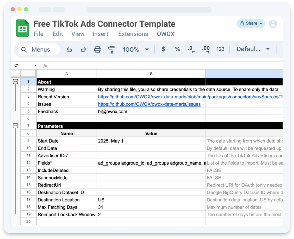 Specifying the destination BigQuery dataset ID for importing TikTok Ads data in the configuration sheet.  i-radius