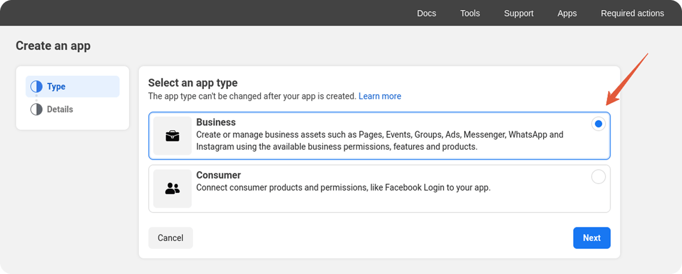 Selection of “Business” as the app type for managing Meta business assets. i-shadow