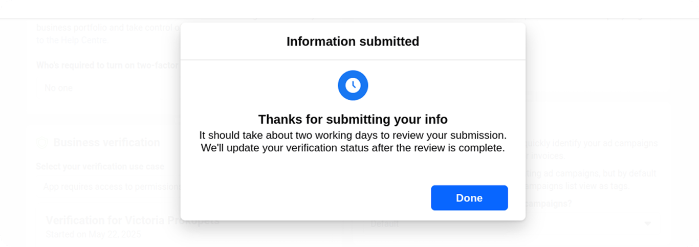 Confirmation message stating business verification info was submitted. i-shadow