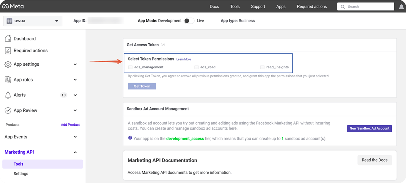 Meta dashboard showing token permissions selection with checkboxes for ads_management, ads_read, and read_insights. i-shadow