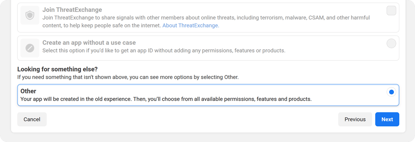 Option selected to create an app without a use case under the “Other” category. i-shadow