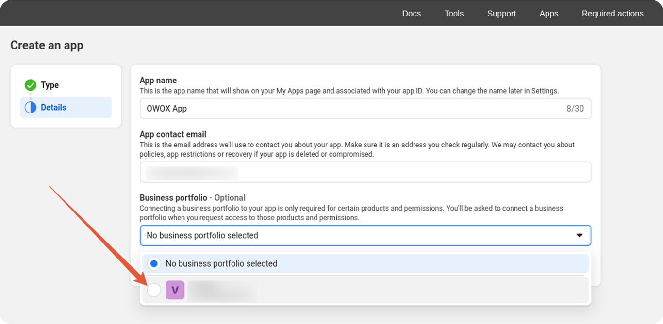 Business portfolio dropdown displayed while filling app creation details. i-shadow
