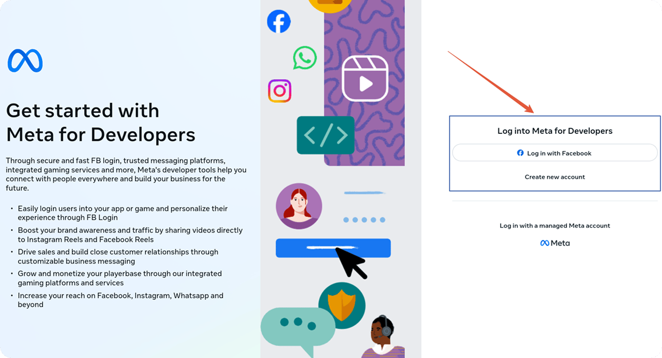 Meta for Developers login screen showing login options with Facebook or account creation. i-shadow
