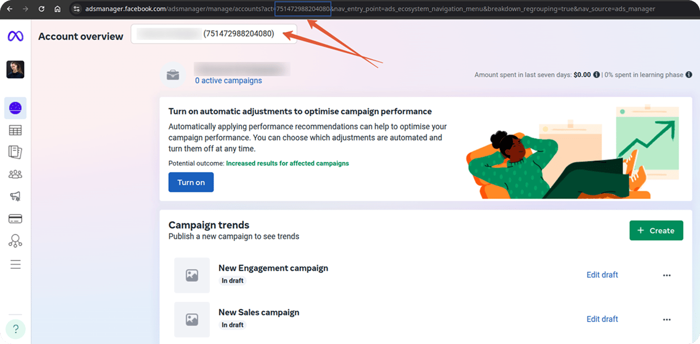 Facebook Ads Manager interface showing where to find the Ad Account ID in the browser URL. i-shadow