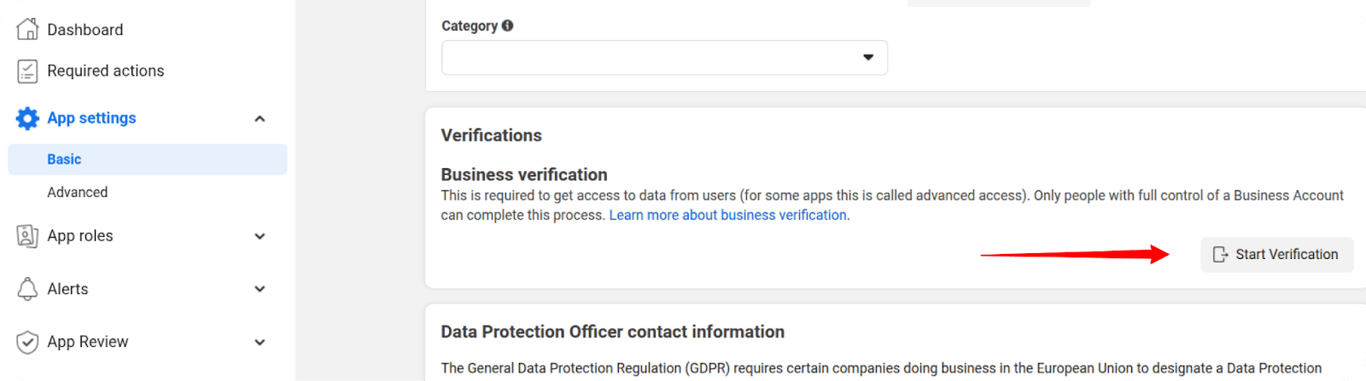 Business verification section under App Settings showing the “Start Verification” button. i-shadow