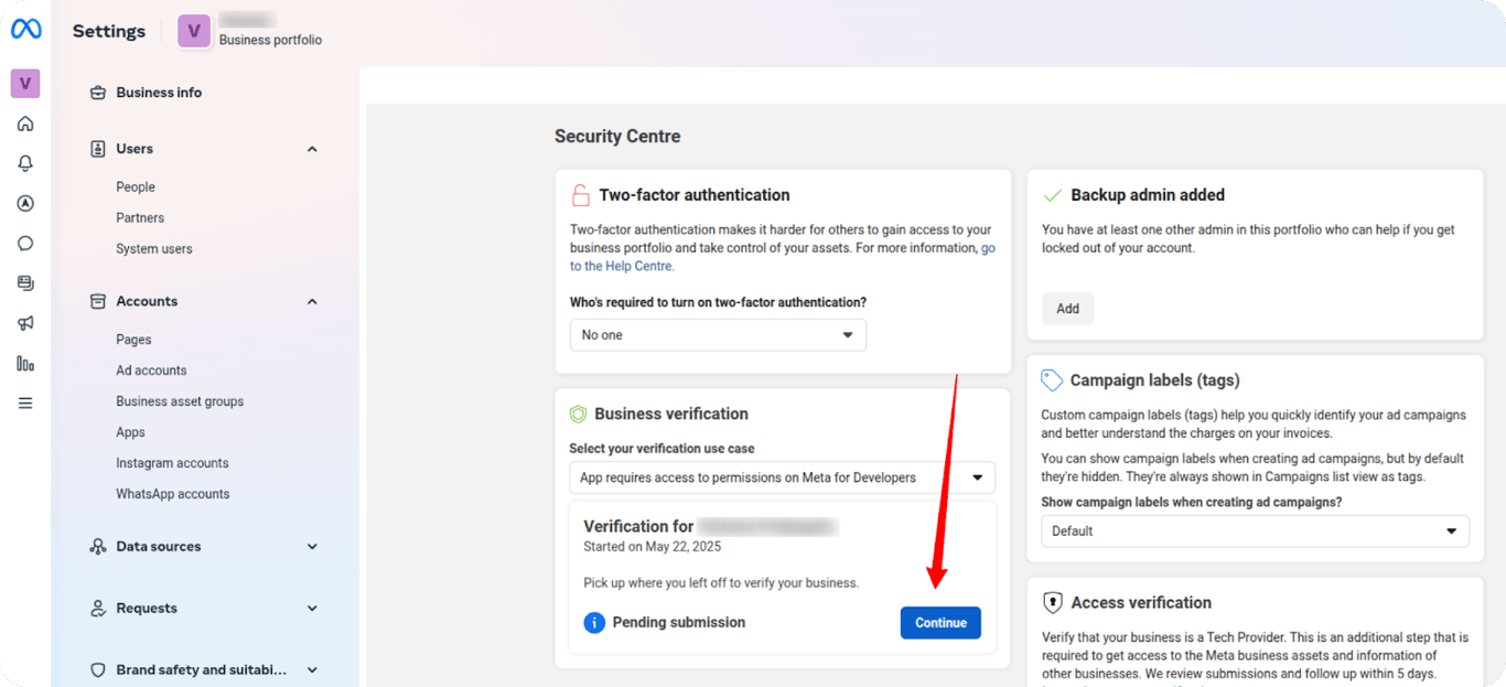 Security Centre in Meta Business Manager showing pending business verification. i-shadow
