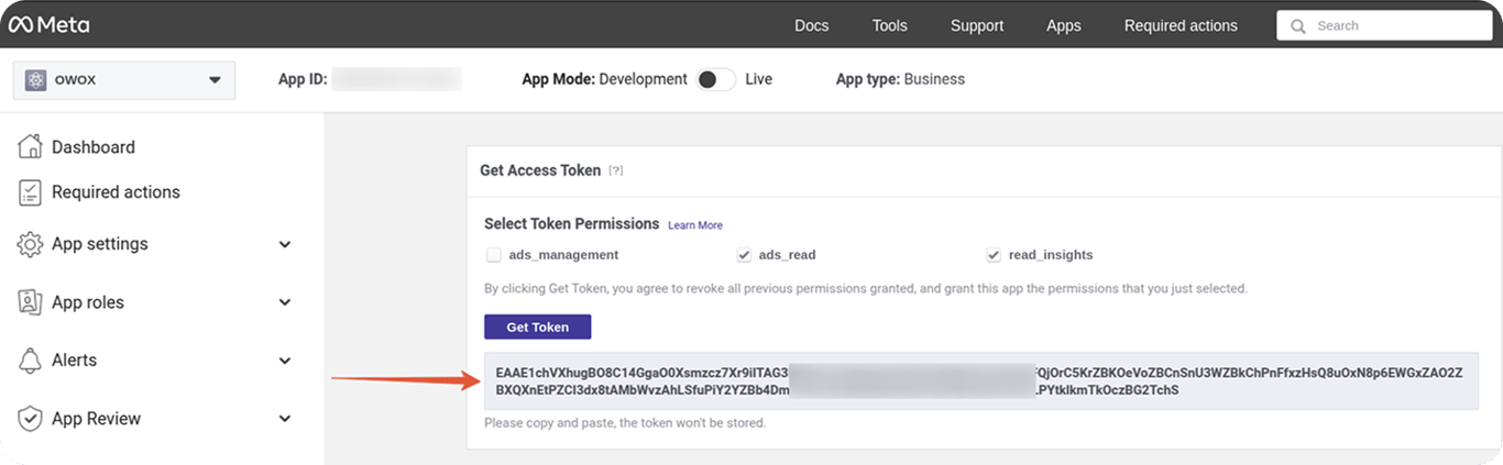 Access token displayed in the Meta developer UI after permissions are selected and the token is generated. i-shadow