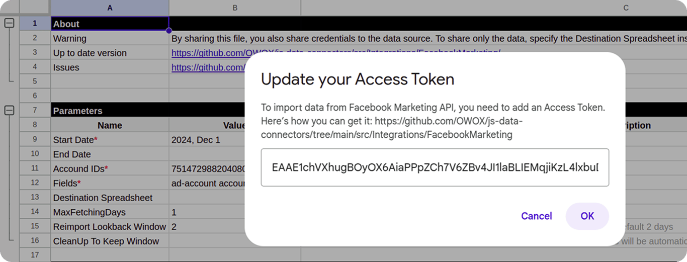 Access token input popup in Google Sheets prompting user to paste the Facebook Marketing API token. i-shadow