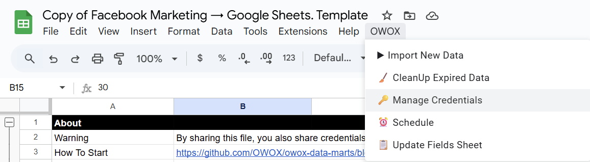Google Sheets menu showing OWOX extension with the “Manage Credentials” option highlighted. i-shadow