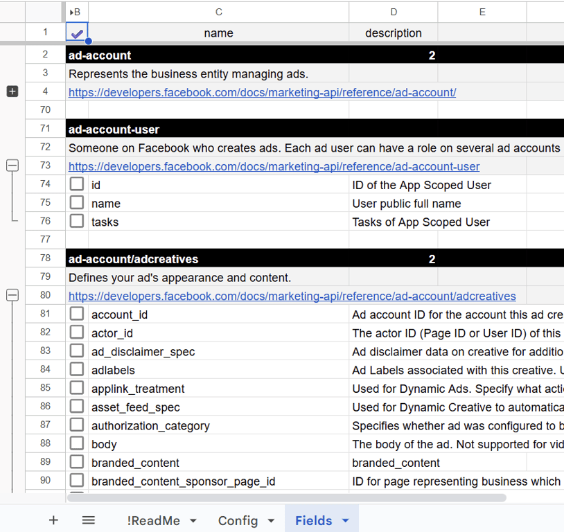 Fields tab in Facebook Ads connector template showing available data objects for field selection and descriptions. i-shadow