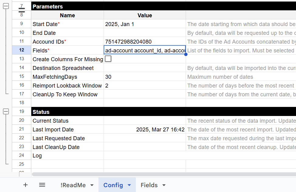 Fields input in the config tab to the “Fields” tab in the spreadsheet. i-shadow