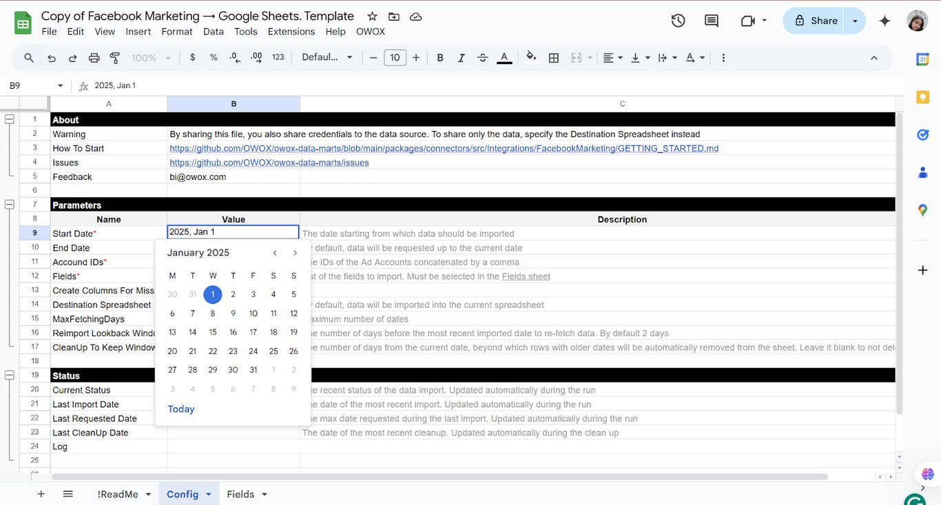 Date picker used to set the Start Date for importing Facebook Ads data in the OWOX Google Sheet template. i-shadow