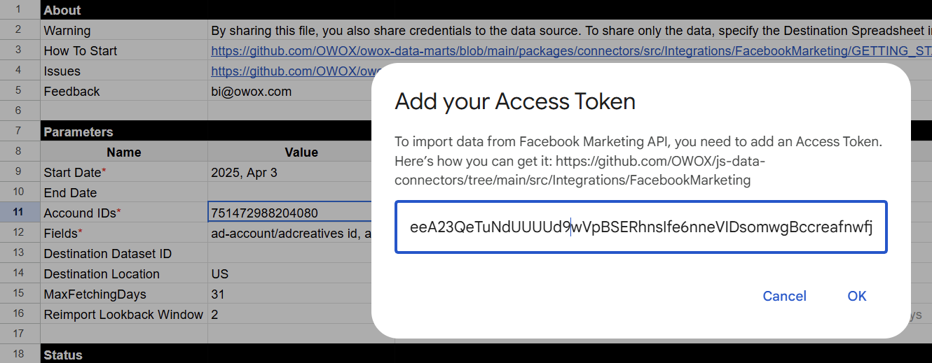 Access token input popup in Google Sheets prompting users to paste the Facebook Marketing API token. i-shadow