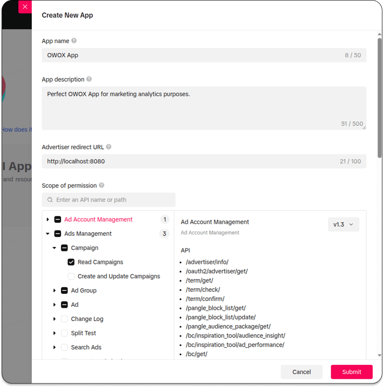 TikTok app setup screen with fields for app name, description, redirect URL, and selected permissions. ‍i-shadow i-radius