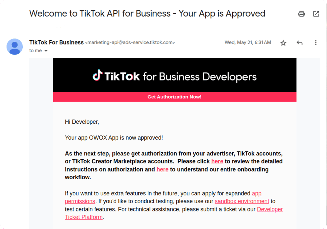 Email from TikTok confirming the OWOX app is approved with instructions for next steps and helpful links. i-shadow i-radius