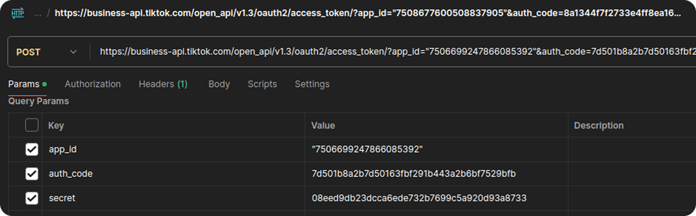 TikTok API access token request showing app ID, auth code, and secret values.‍ i-shadow i-radius