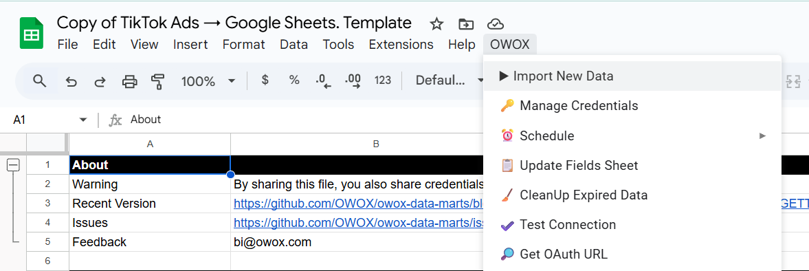 Google Sheets interface showing a TikTok Ads to Google Sheets connector with the “Import New Data” option selected from the OWOX menu. i-shadow