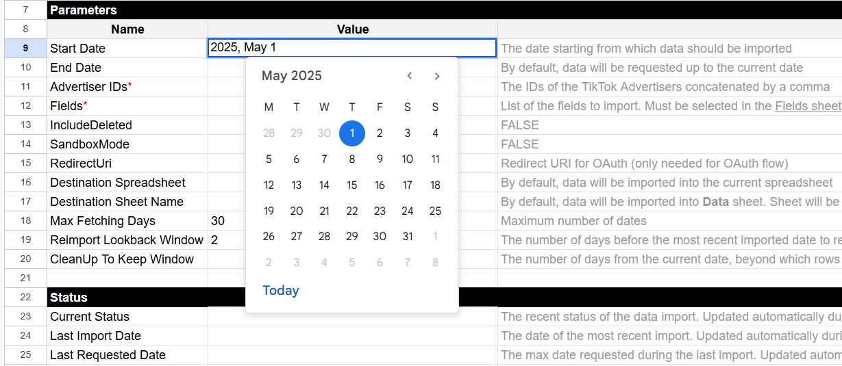 Selecting the start date from a calendar dropdown in the “Start Date” parameter of a TikTok Ads connector sheet. i-shadow i-radius