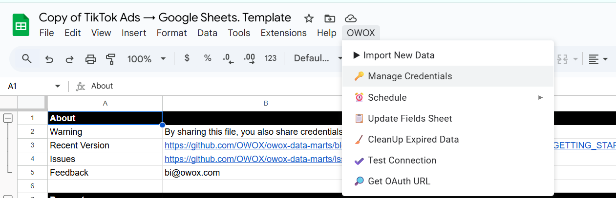 Opening the “Manage Credentials” option from the OWOX menu in the TikTok Ads to Google Sheet spreadsheet. i-shadow