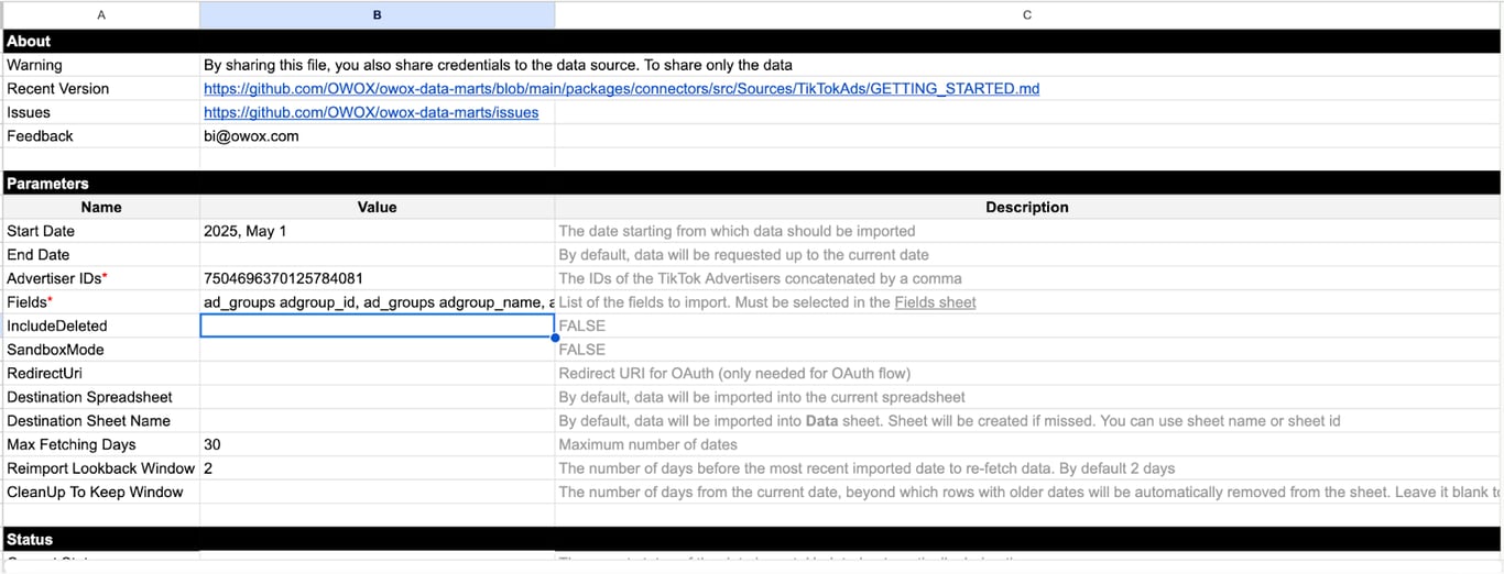 Entering the TikTok Advertiser ID into the “Advertiser IDs” field of the configuration sheet. i-shadow i-radius
