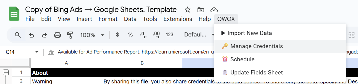 Google Sheets with the OWOX menu open and “Manage Credentials” option highlighted to input Microsoft Ads API details. i-shadow