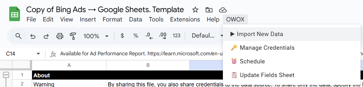 Google Sheets with the OWOX menu expanded and “Import New Data” option highlighted to start Microsoft Ads data import. i-shadow