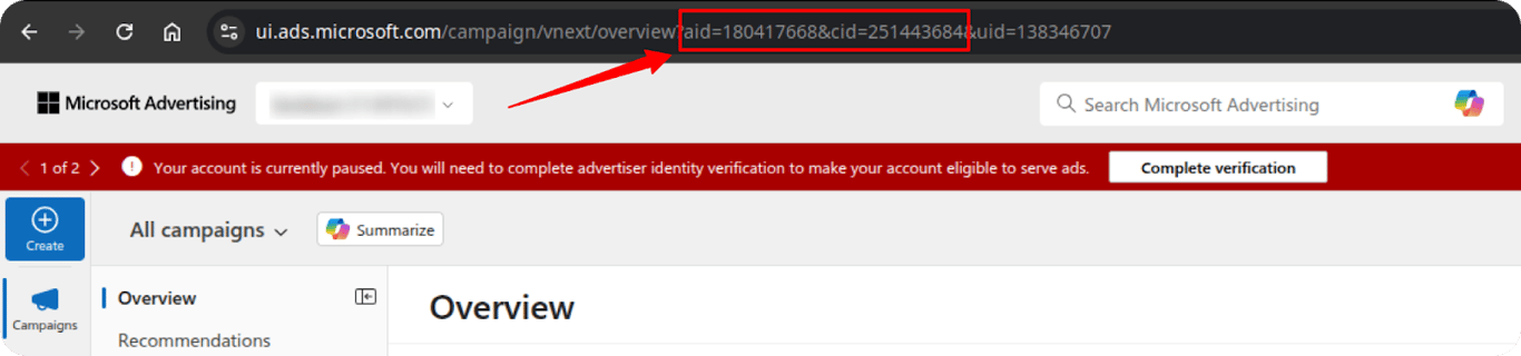 Bing Ads dashboard URL showing Customer ID and Account ID in the address bar.‍ i-shadow i-radius
