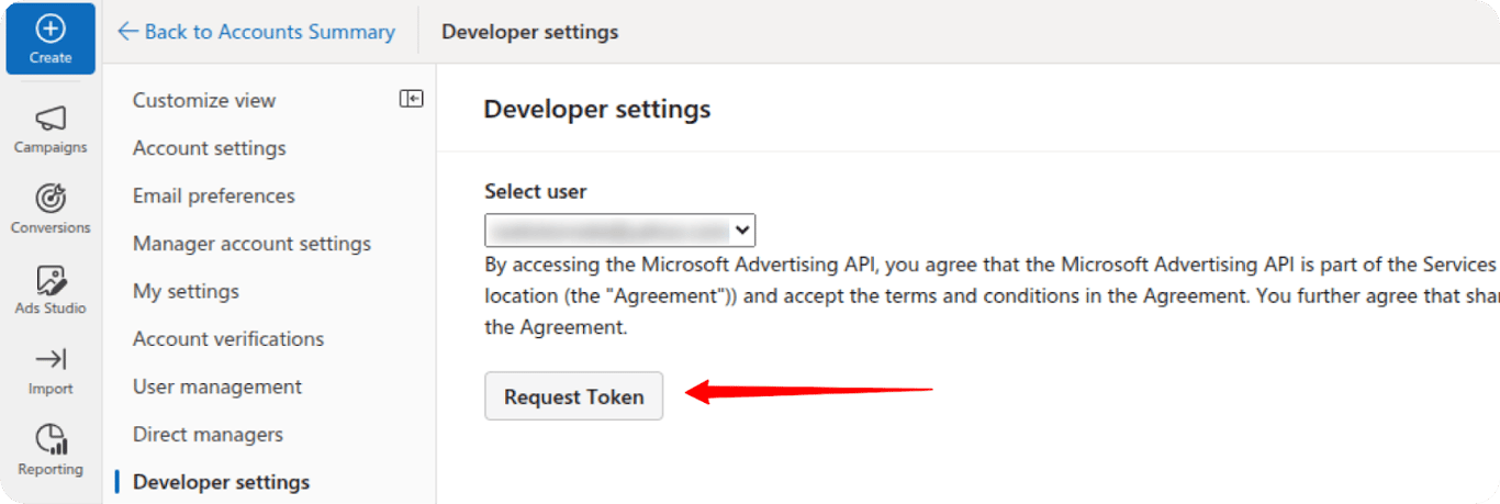 Microsoft Ads Developer Settings page showing “Request Token” option highlighted. i-shadow i-radius