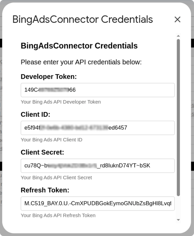 Bing Ads Connector credentials window displaying fields for Developer Token, Client ID, Client Secret, and Refresh Token in Google Sheets. i-shadow i-radius