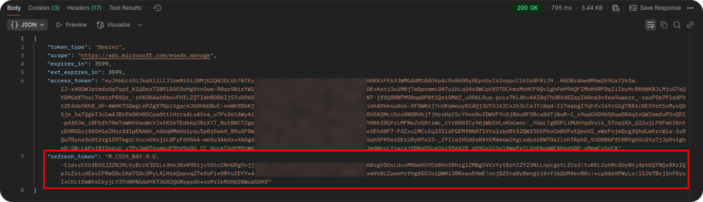 Bing Ads API response showing refresh token for Microsoft Ads authentication. i-shadow i-radius